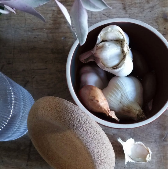 Emile Henry Garlic Pot w Cork Lid - Blanc Craie