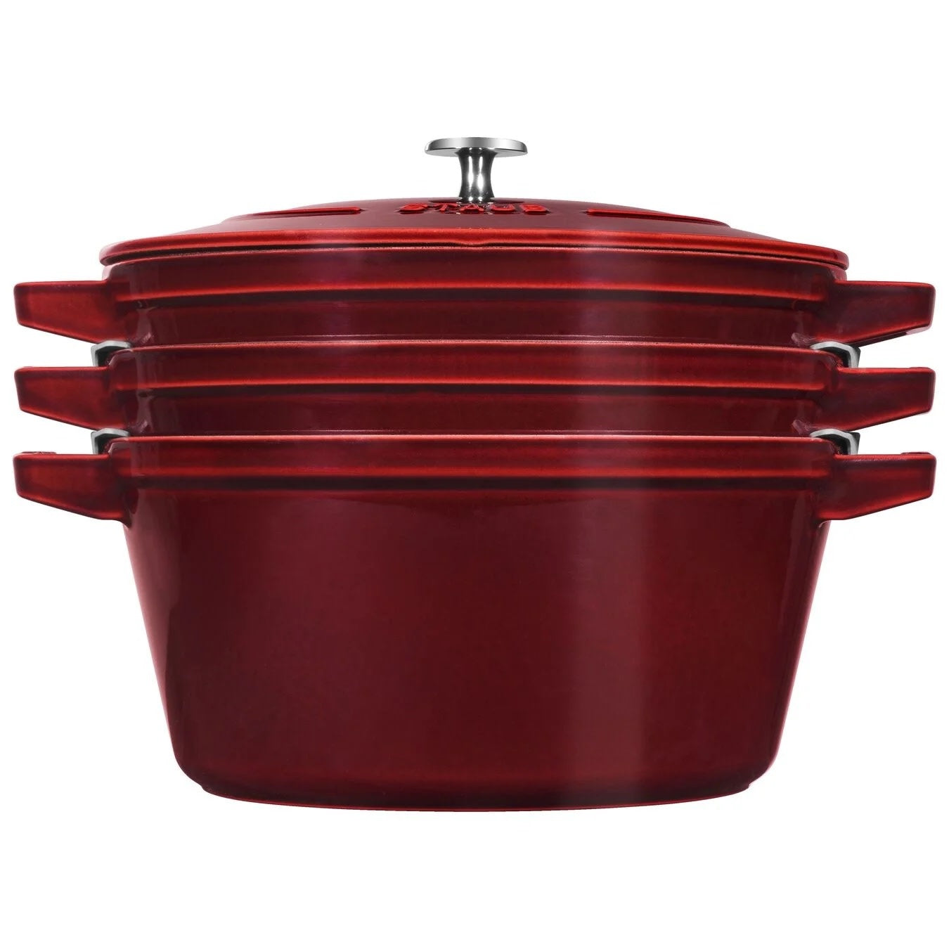  STAUB Cast Iron Set 4-pc, Stackable Space-Saving Cookware Set,  Dutch Oven, Skillet, Grill Pan with Universal Lid, Made in France, Cherry:  Home & Kitchen